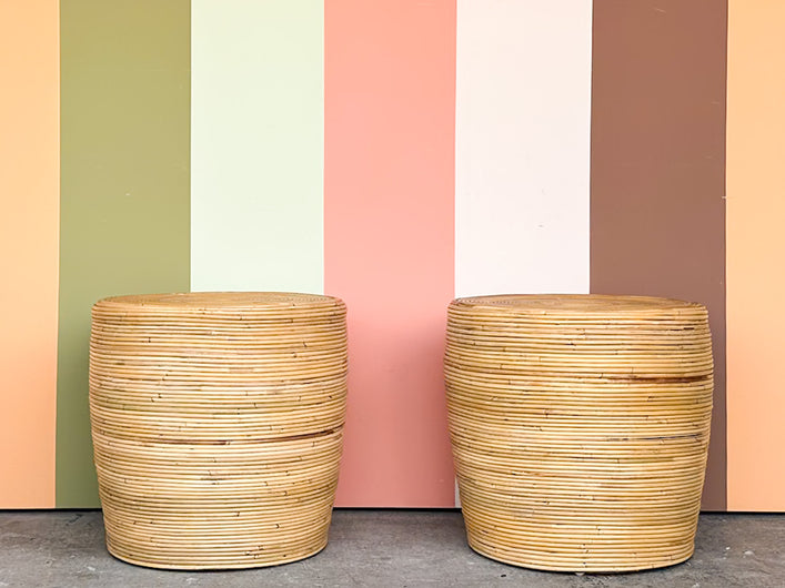 Pair of Natural Pencil Reed Rattan Side Tables