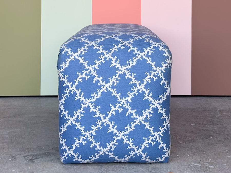 Blue and White Upholstered Waterfall Bench