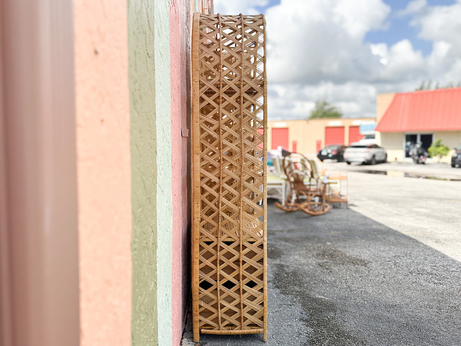Pair of Old Florida Rattan Lattice Etageres