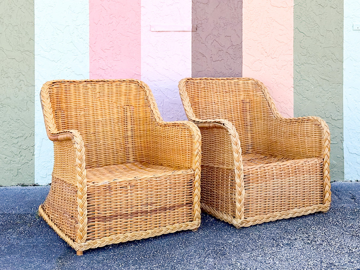 Pair of Braided Rattan Lounge Chairs