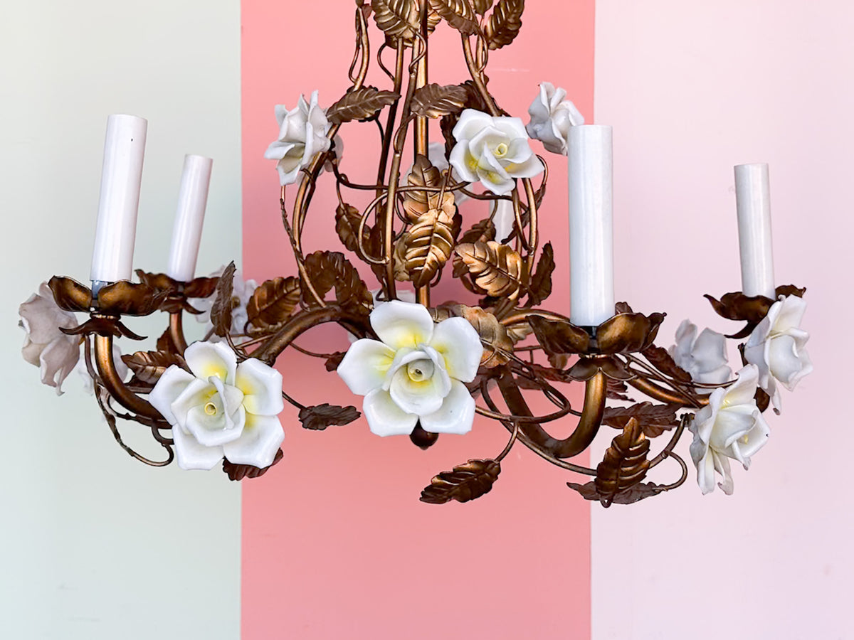 MCM Gilt Tole Porcelain Flower Chandelier