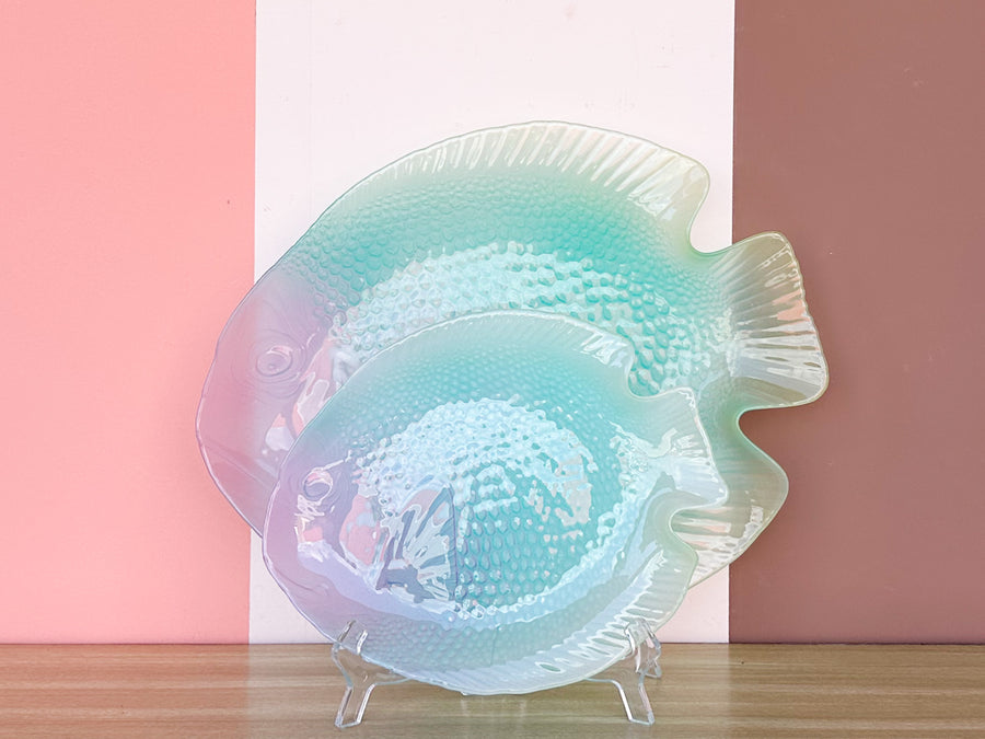 Set of Twelve Psychedelic French Fish Plates and Platter