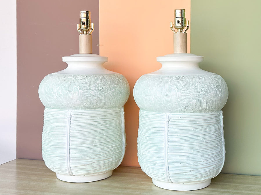 Pair of Seafoam Plaster Basket Lamps