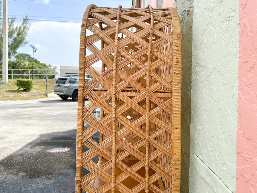 Pair of Old Florida Rattan Lattice Etageres