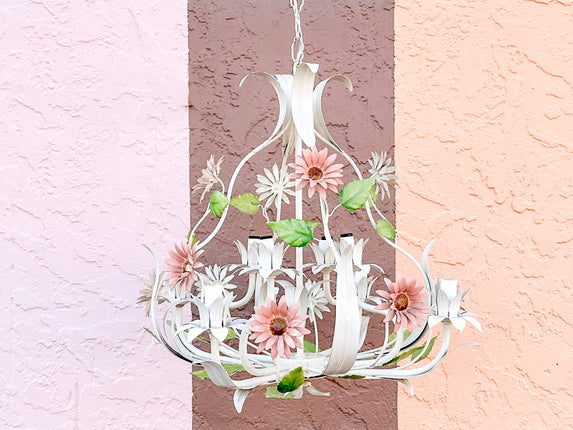 Sweet Pink and Green Floral Tole Chandelier