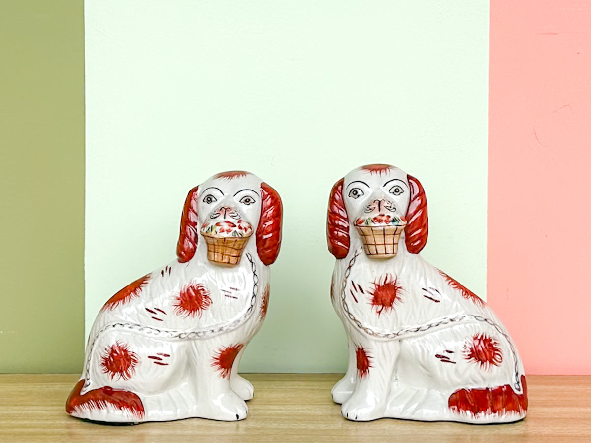 Pair of Flower Basket Staffordshire Dogs