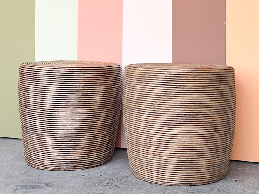 Pair of Antique Pencil Reed Rattan Side Tables