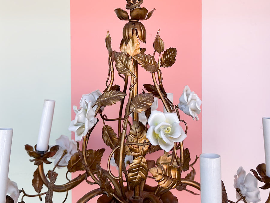 MCM Gilt Tole Porcelain Flower Chandelier