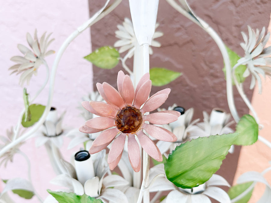 Sweet Pink and Green Floral Tole Chandelier