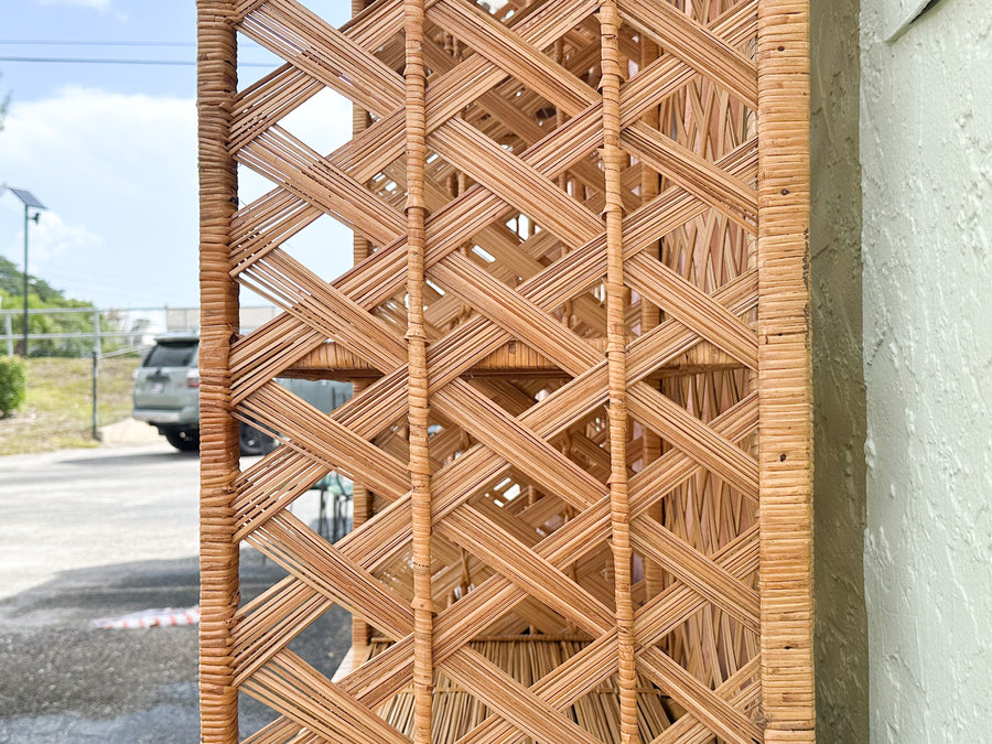 Pair of Old Florida Rattan Lattice Etageres