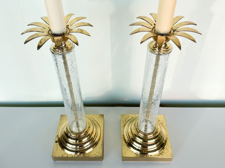 Pair of Brass and Crackle Glass Palm Tree Lamps