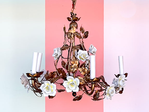 MCM Gilt Tole Porcelain Flower Chandelier