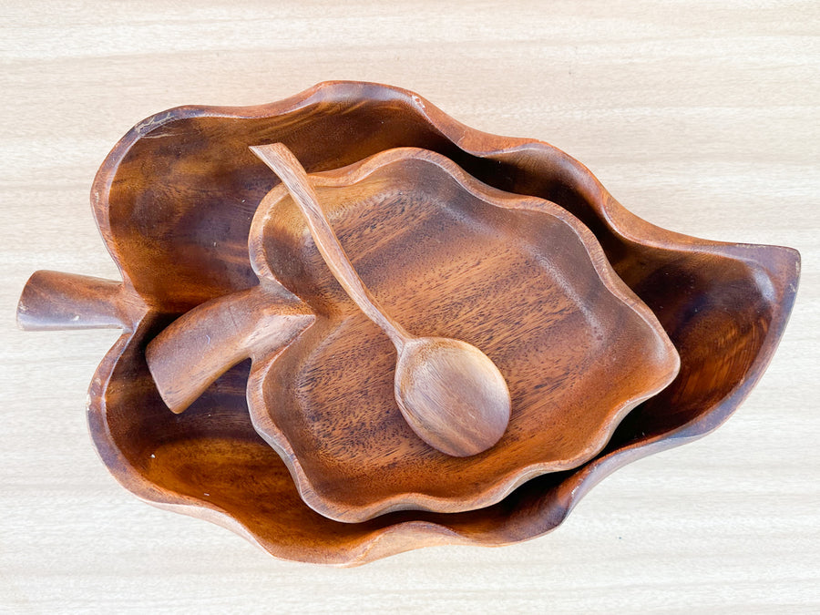 Pair of Fall Leaf Monkey Pod Bowls with Spoon