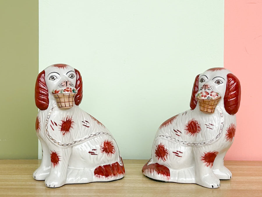 Pair of Flower Basket Staffordshire Dogs