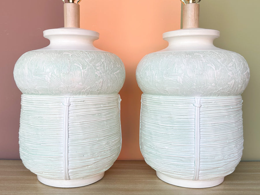 Pair of Seafoam Plaster Basket Lamps