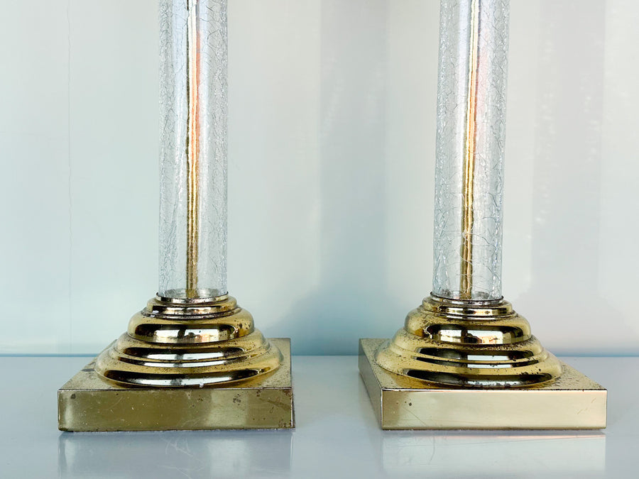 Pair of Brass and Crackle Glass Palm Tree Lamps