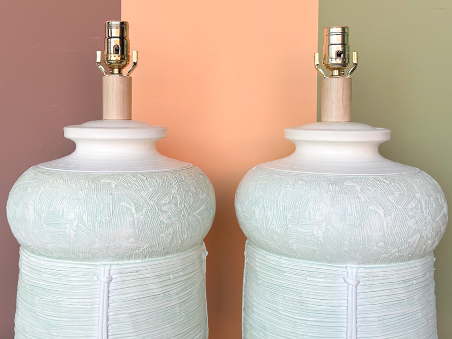 Pair of Seafoam Plaster Basket Lamps