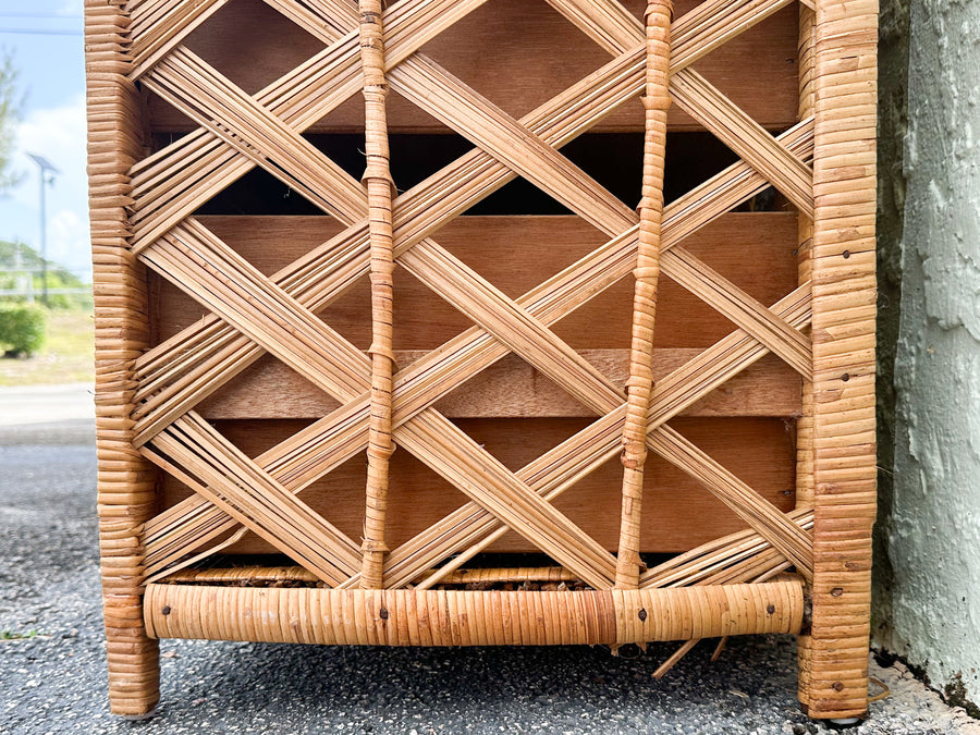 Pair of Old Florida Rattan Lattice Etageres