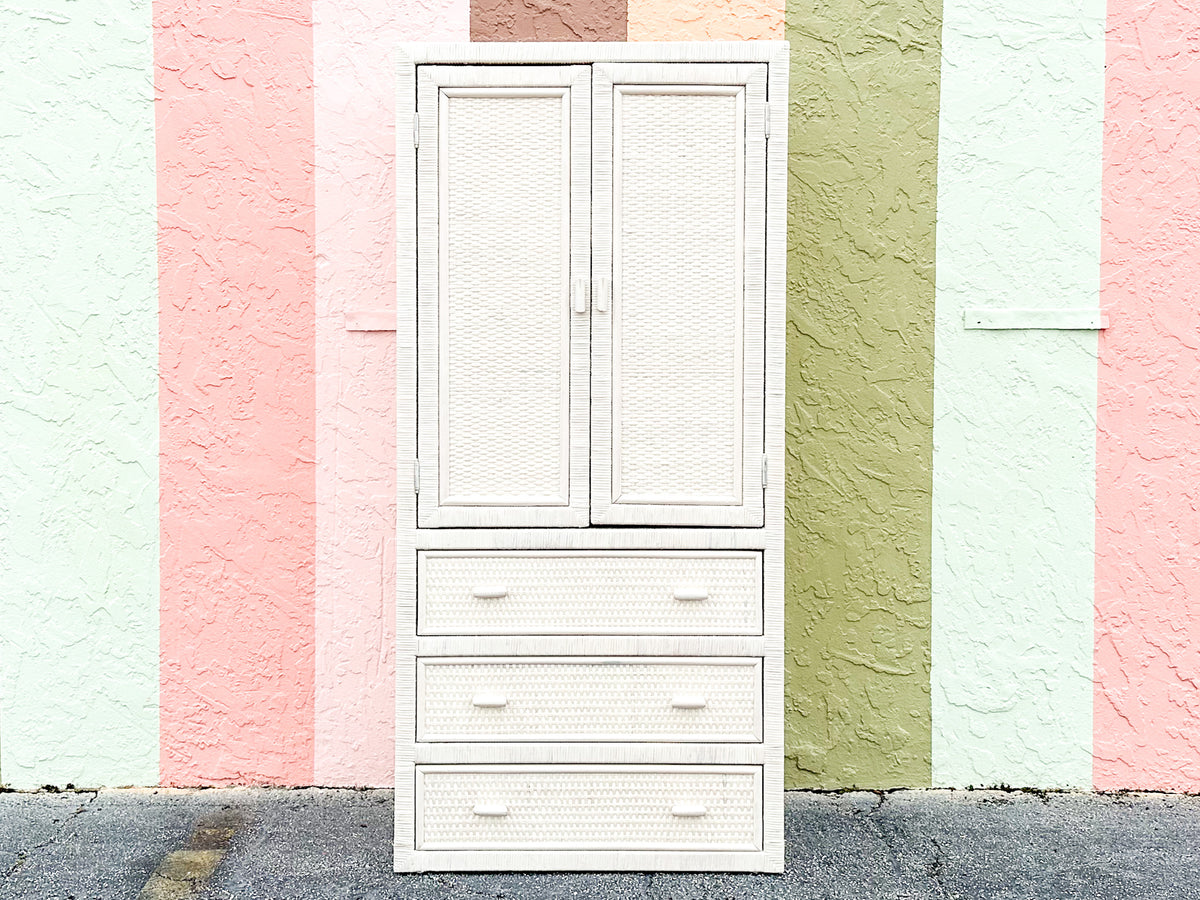 White Washed Woven Rattan Cabinet