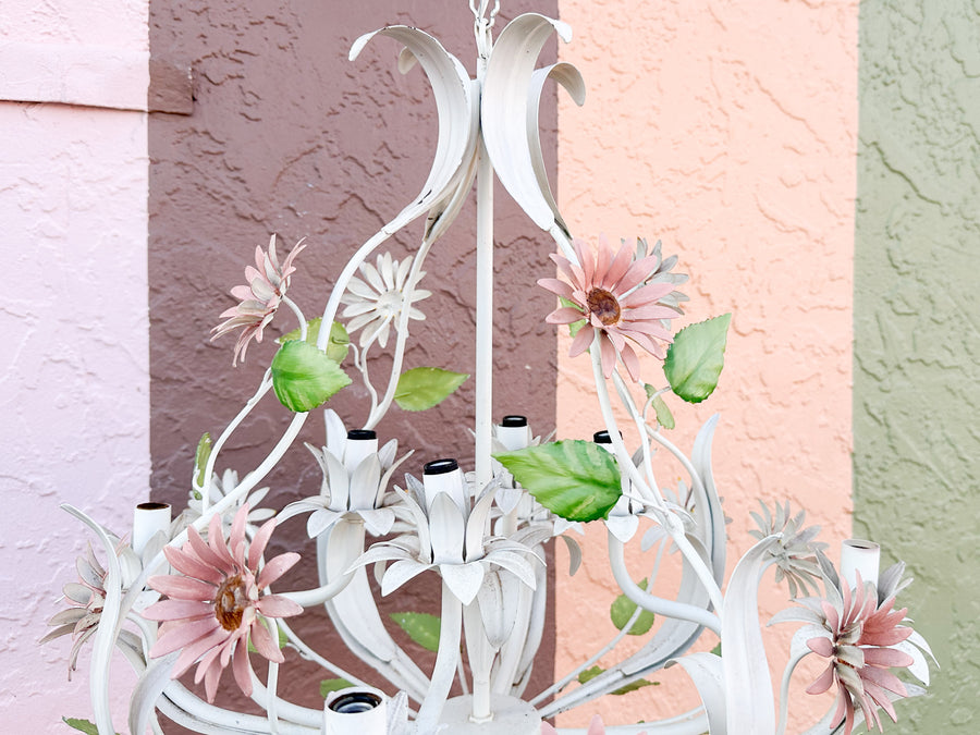Sweet Pink and Green Floral Tole Chandelier