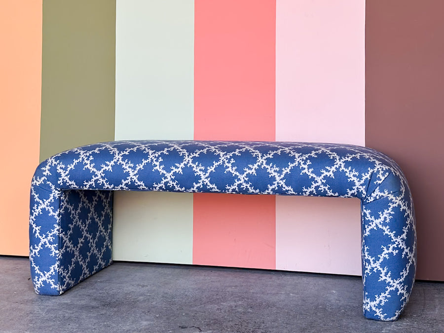 Blue and White Upholstered Waterfall Bench