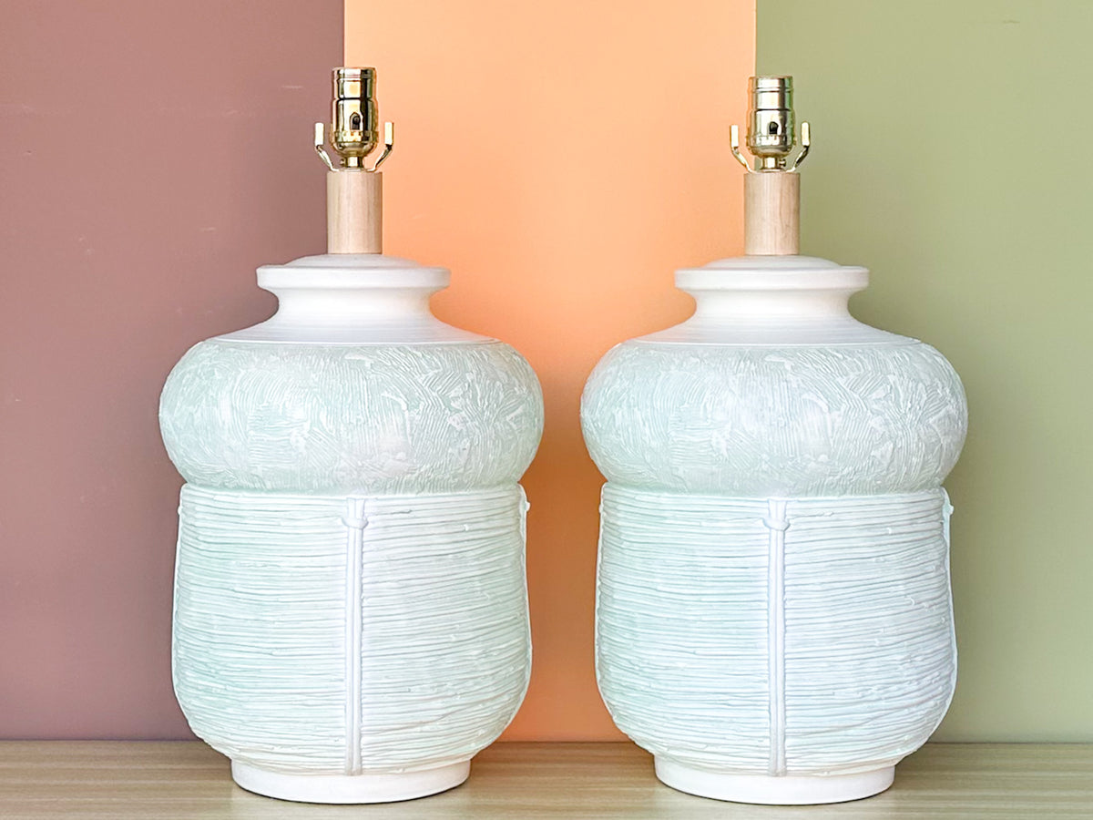Pair of Seafoam Plaster Basket Lamps