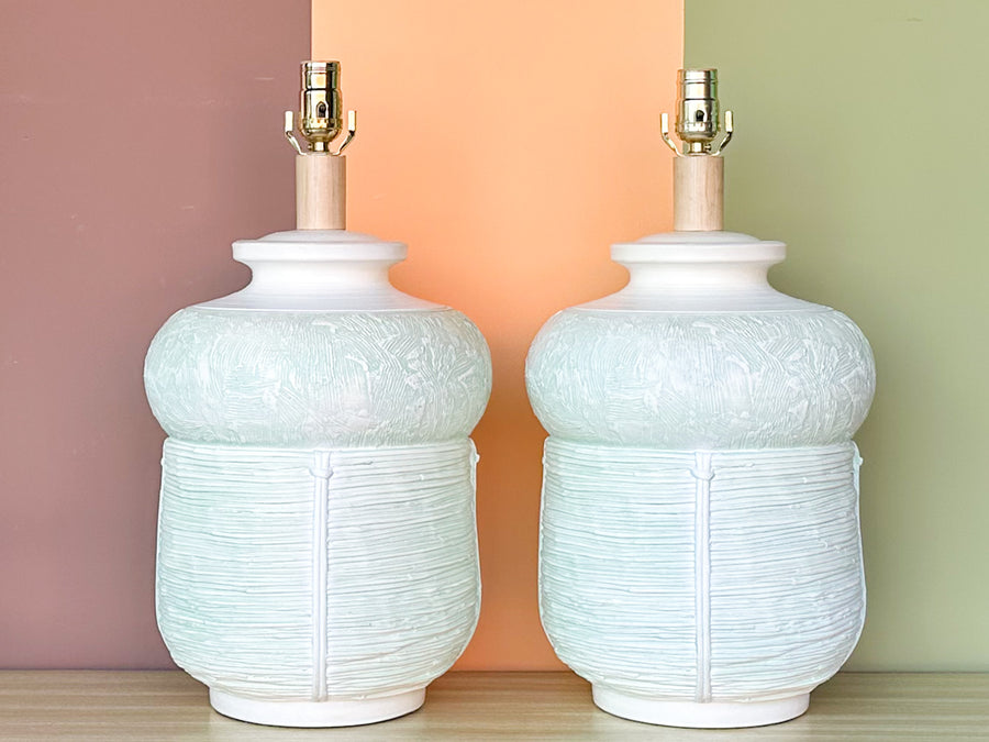 Pair of Seafoam Plaster Basket Lamps