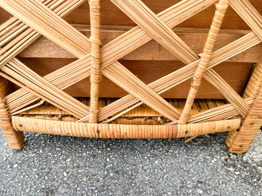 Pair of Old Florida Rattan Lattice Etageres
