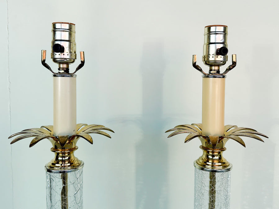 Pair of Brass and Crackle Glass Palm Tree Lamps