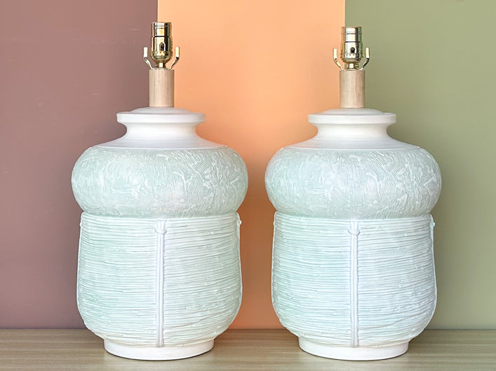 Pair of Seafoam Plaster Basket Lamps