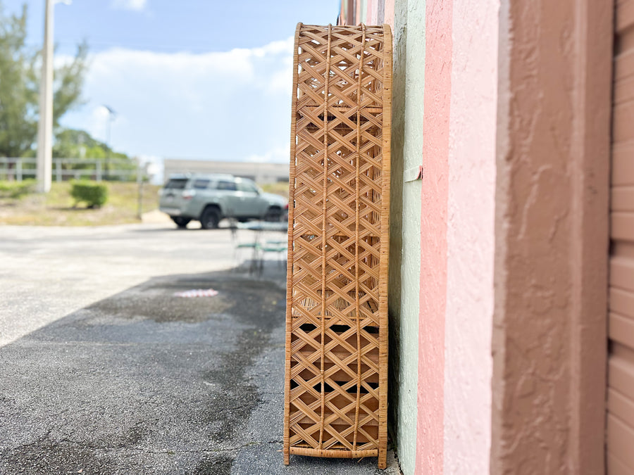 Pair of Old Florida Rattan Lattice Etageres