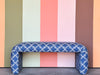 Blue and White Upholstered Waterfall Bench