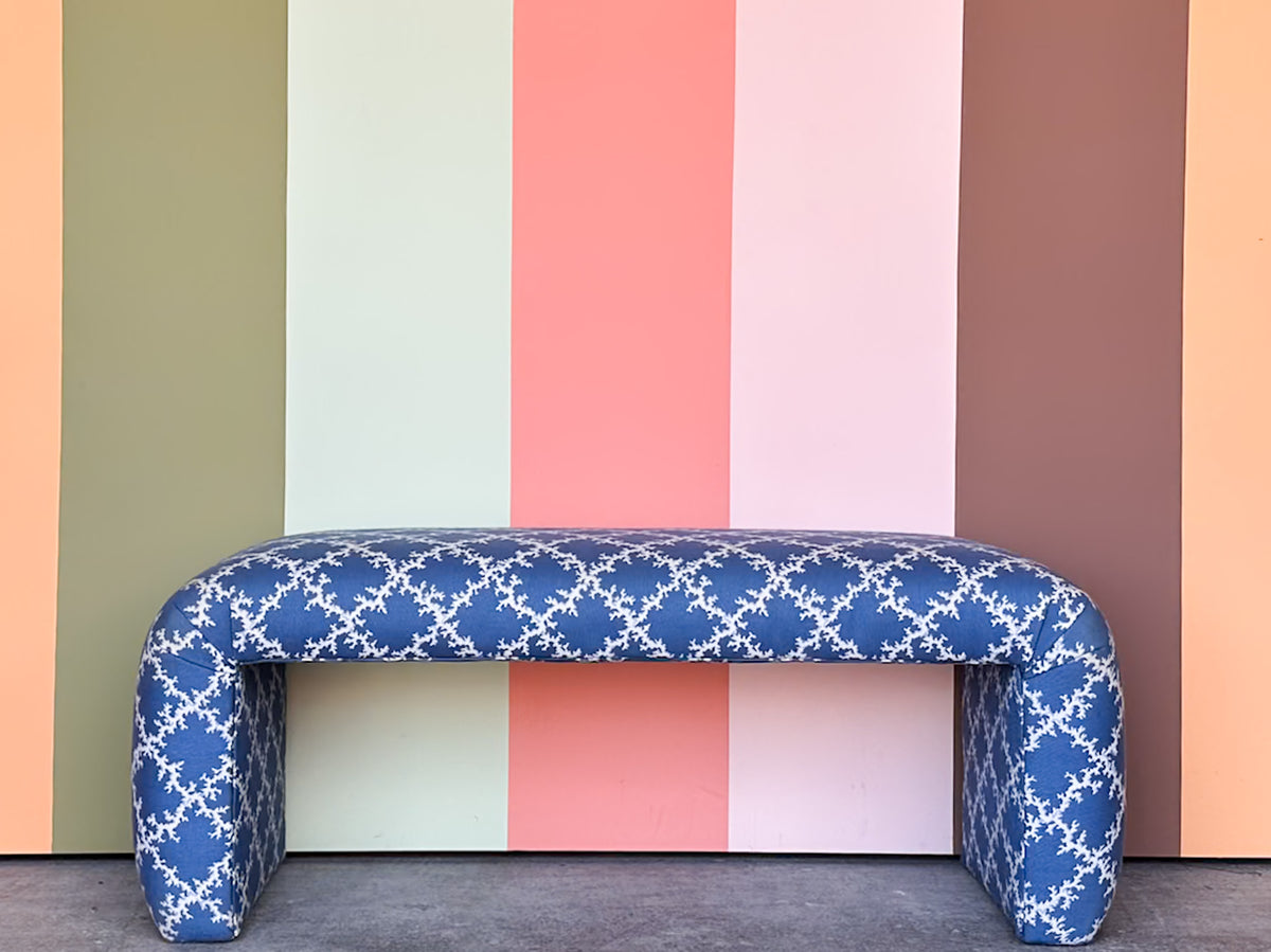 Blue and White Upholstered Waterfall Bench
