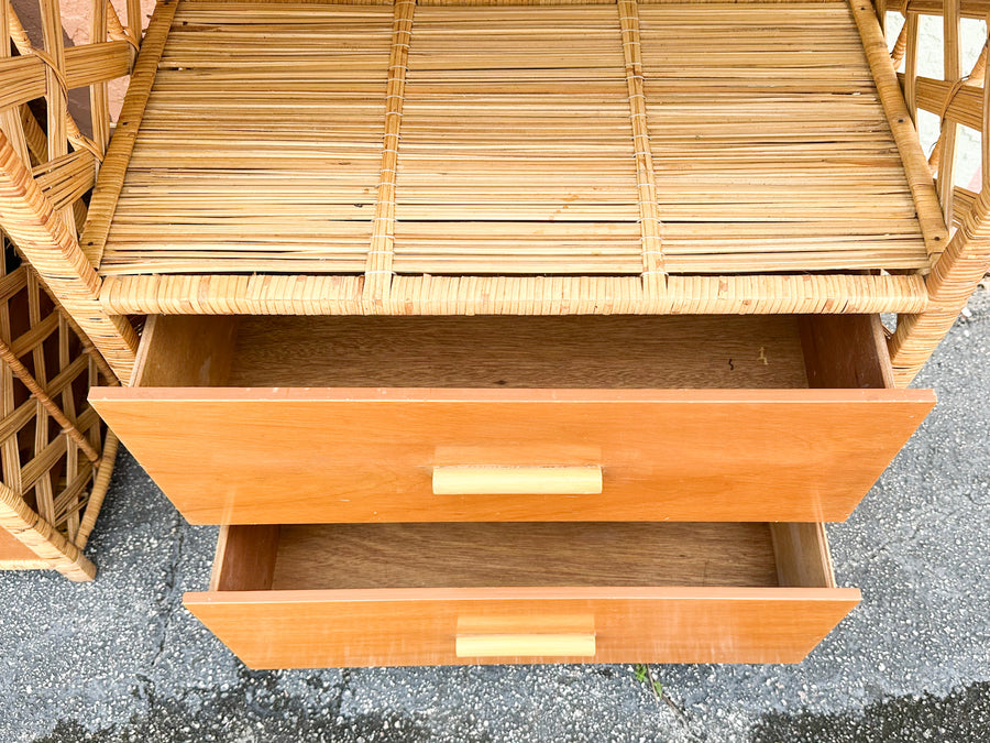 Pair of Old Florida Rattan Lattice Etageres