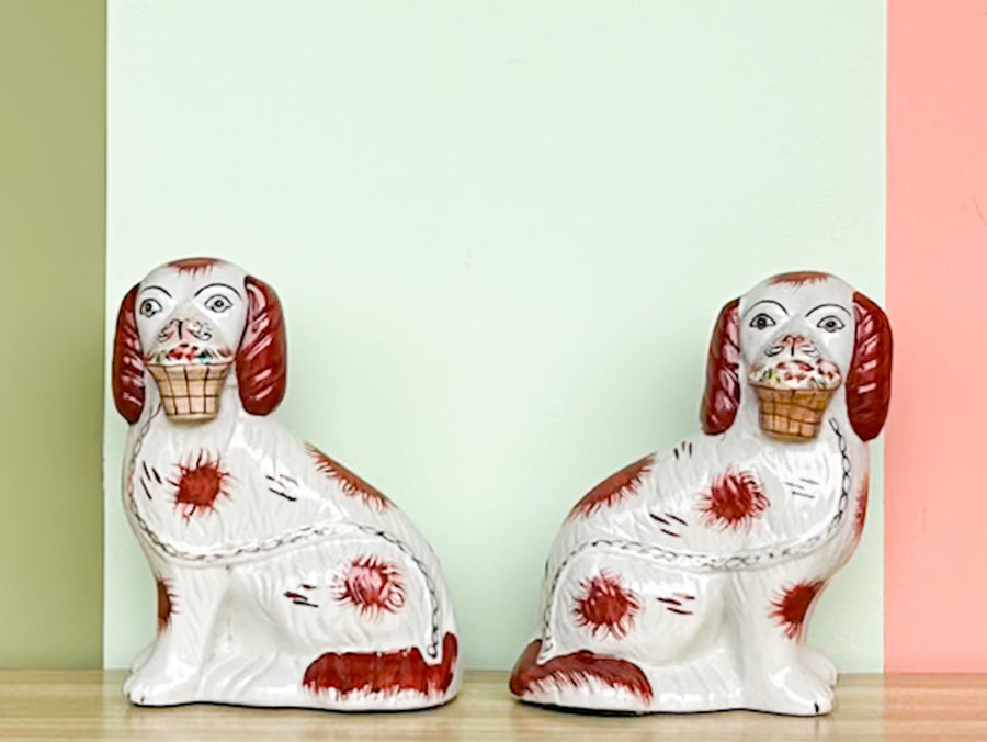 Pair of Flower Basket Staffordshire Dogs