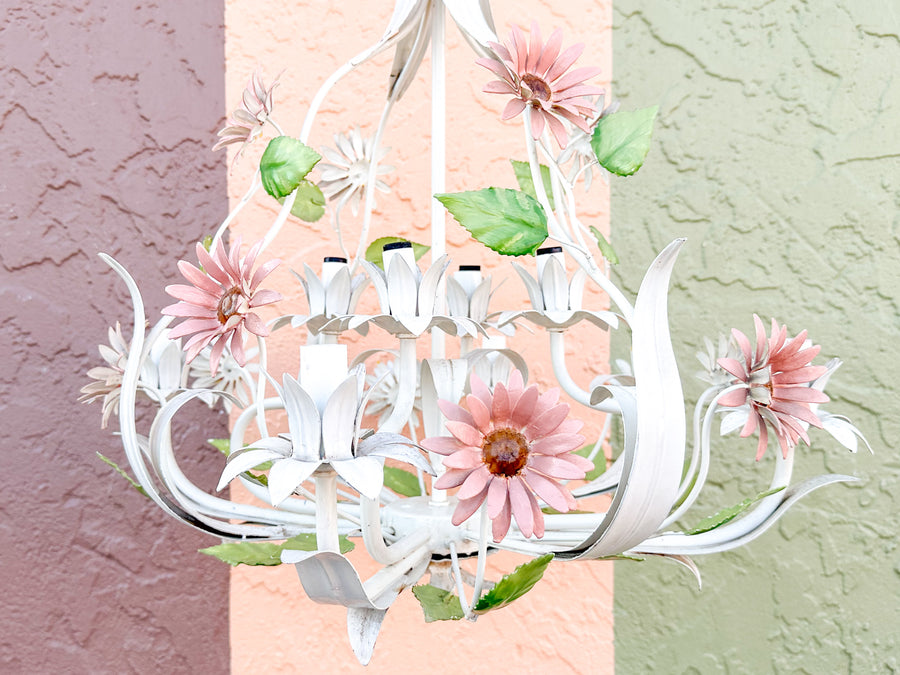Sweet Pink and Green Floral Tole Chandelier