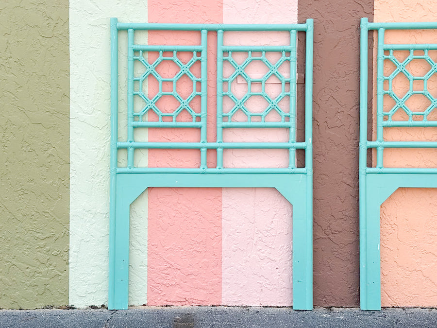 Turquoise Fretwork Rattan Twin Headboards