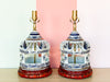 Pair of Blue and White Ceramic Birdcage Lamps