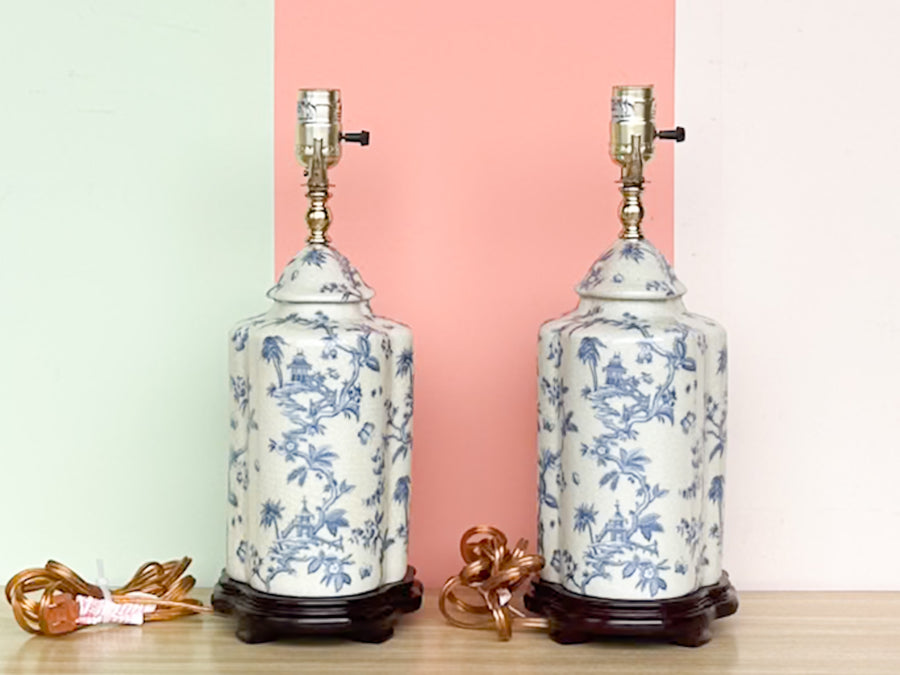 Pair of Blue and White Pagoda Lamps