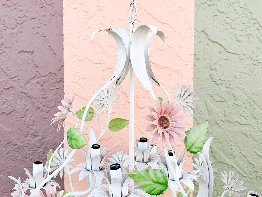 Sweet Pink and Green Floral Tole Chandelier