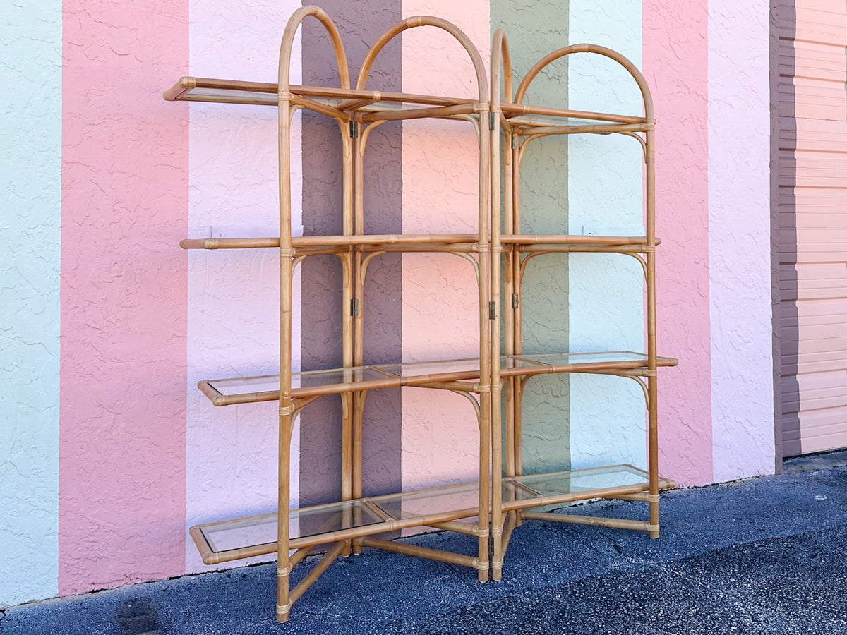 Old Florida Rattan Accordion Etagere