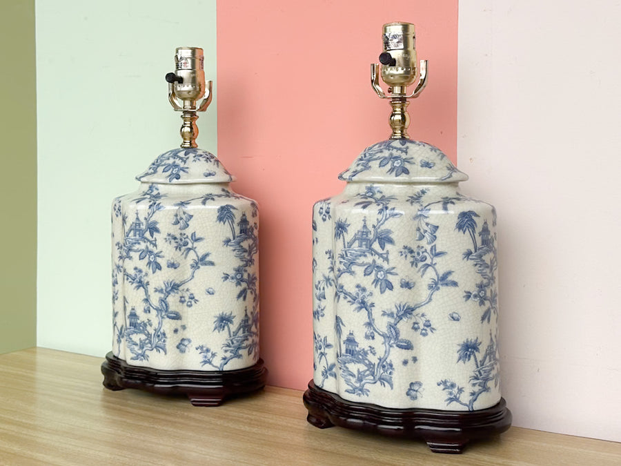 Pair of Blue and White Pagoda Lamps