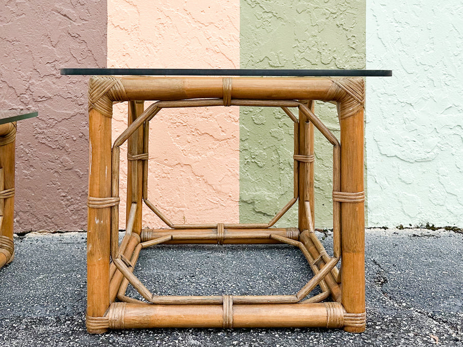 Pair of Fretwork Rattan Side Tables