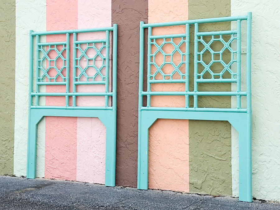 Turquoise Fretwork Rattan Twin Headboards