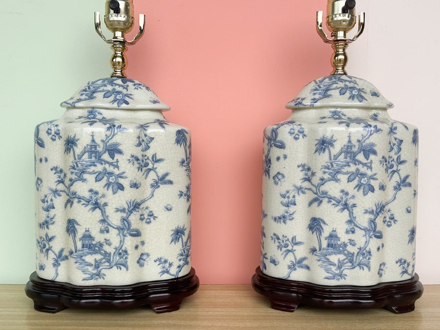 Pair of Blue and White Pagoda Lamps