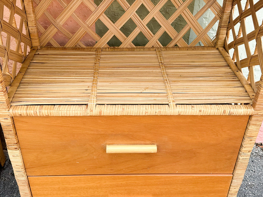 Pair of Old Florida Rattan Lattice Etageres