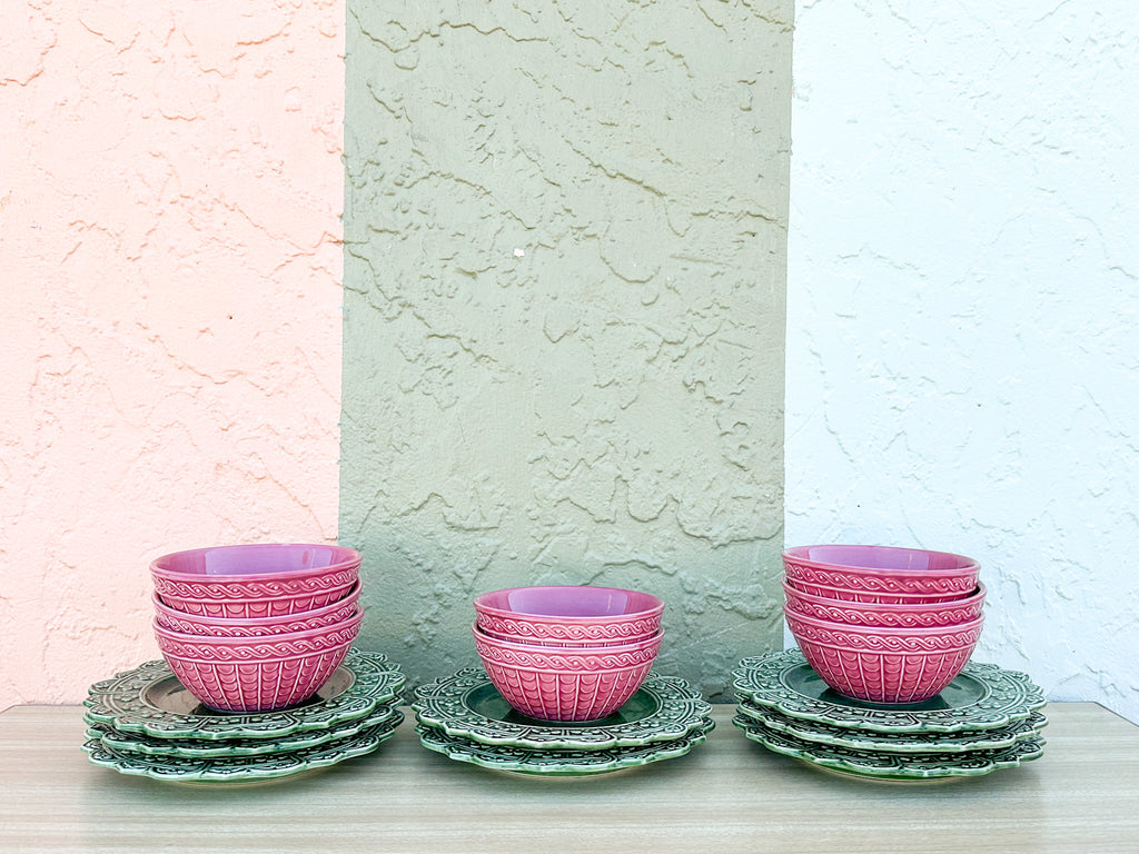 Set of Eight Pink and Green Forever Salad Plates and Bowls