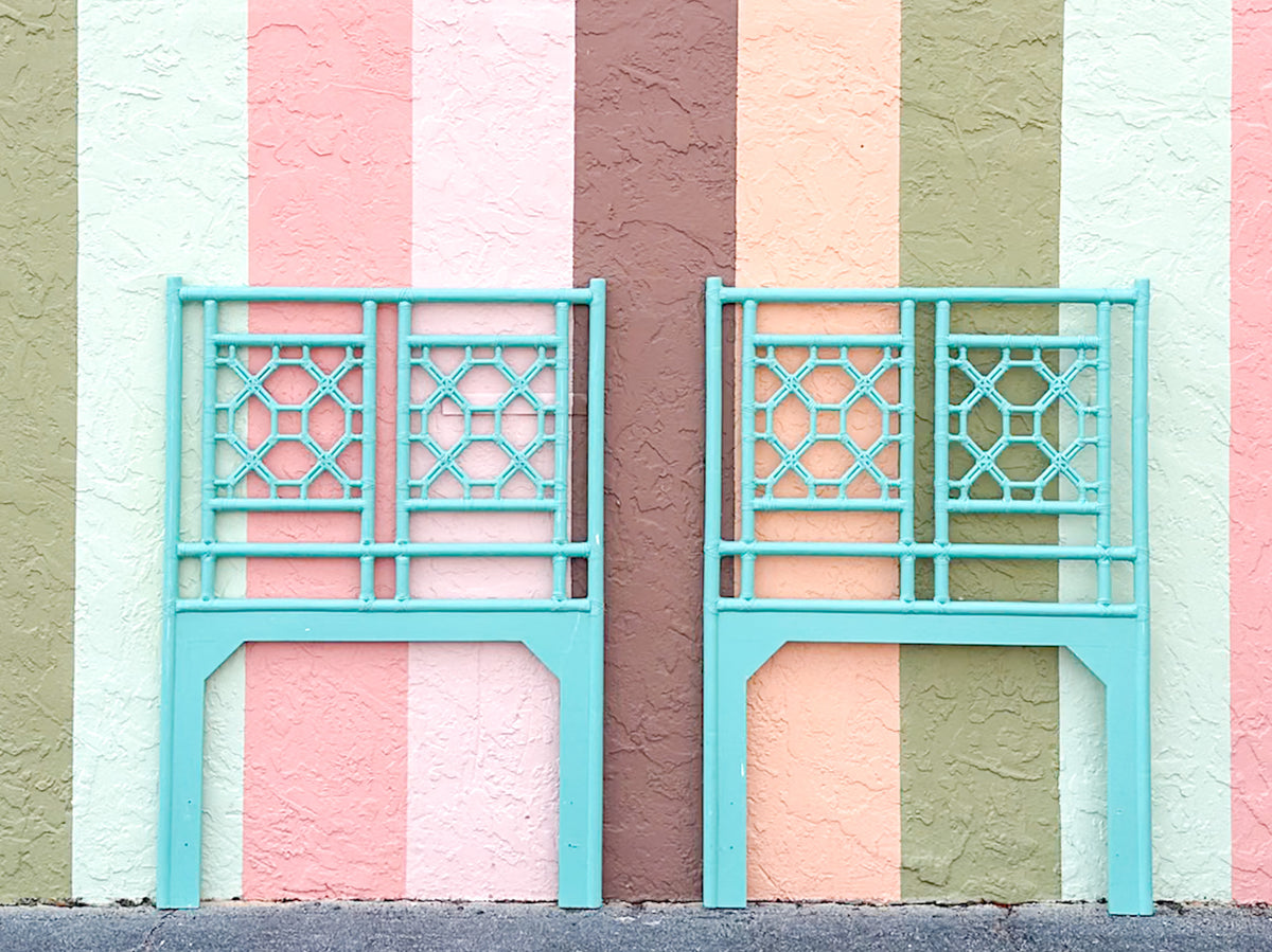 Turquoise Fretwork Rattan Twin Headboards