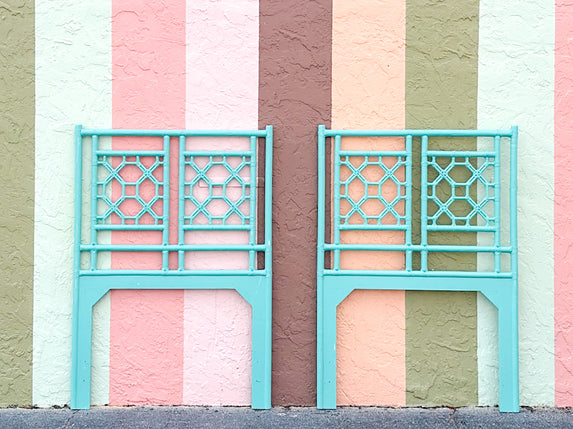 Turquoise Fretwork Rattan Twin Headboards