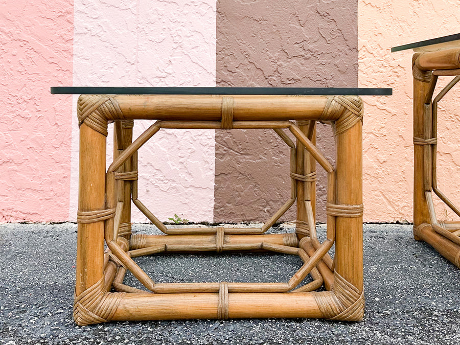 Pair of Fretwork Rattan Side Tables
